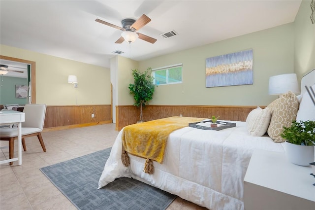 11134 Bonham Ranch Rd, Dripping Springs, TX 78620 - bedroom with wooden walls, a wainscoted wall, and ceiling fan