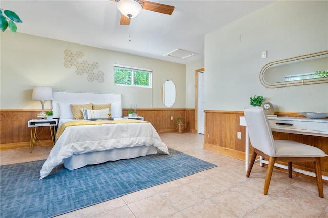 11134 Bonham Ranch Rd, Dripping Springs, TX 78620 - bedroom featuring a wainscoted wall, wooden walls, an office area, and attic access