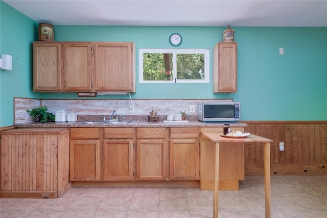 11134 Bonham Ranch Rd, Dripping Springs, TX 78620 - kitchen featuring stainless steel microwave, a sink, decorative backsplash, and light brown cabinets