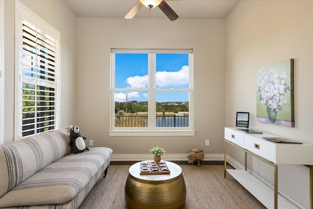 sitting room featuring baseboards, wood finished floors, ceiling fan, and plenty of natural light
