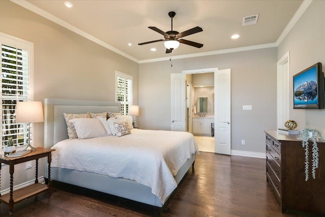 bedroom featuring dark wood-style floors, recessed lighting, visible vents, and baseboards