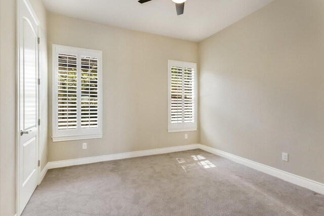 empty room with a wealth of natural light, ceiling fan, carpet, and baseboards