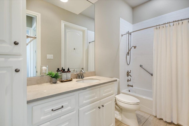bathroom featuring toilet, shower / bath combination with curtain, and vanity