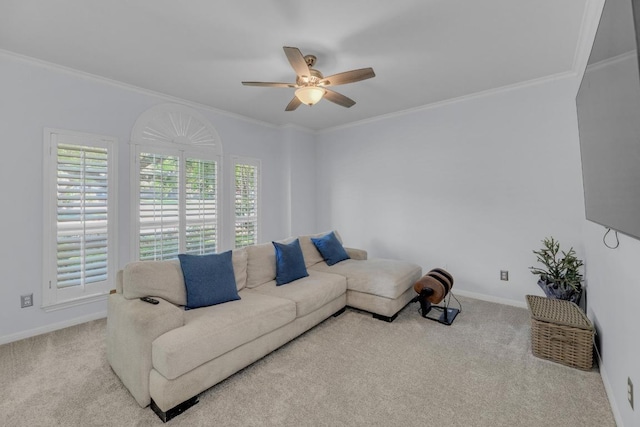 1505 Lake Forest Cv, Round Rock, TX 78665 - living room with carpet floors, plenty of natural light, ornamental molding, and a ceiling fan