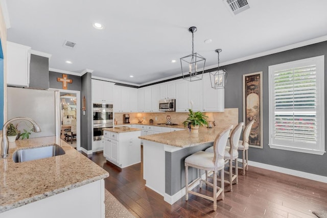 1505 Lake Forest Cv, Round Rock, TX 78665 - kitchen featuring stainless steel appliances, a sink, tasteful backsplash, white cabinets, and ornamental molding