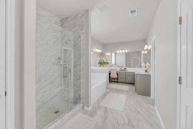1505 Lake Forest Cv, Round Rock, TX 78665 - full bath with a bath, a marble finish shower, vanity, marble finish floors, and baseboards