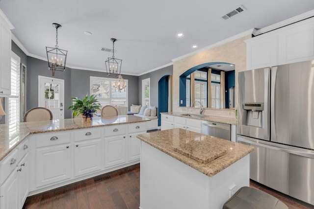 1505 Lake Forest Cv, Round Rock, TX 78665 - kitchen featuring stainless steel appliances, a sink, a peninsula, a chandelier, and crown molding