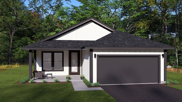 650 Aspen Ln, Cottonwood Shores, TX 78657 - ranch-style home featuring a garage, a front yard, aphalt driveway, and a shingled roof