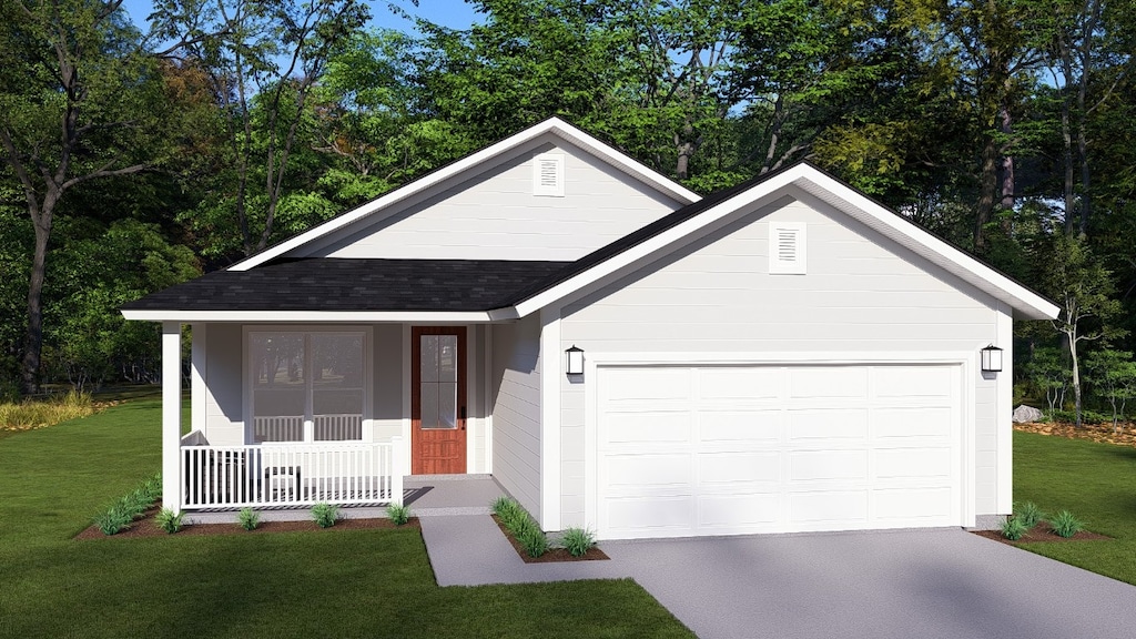 652 Aspen Ln, Cottonwood Shores, TX 78657 - ranch-style house featuring a front yard, a porch, a garage, concrete driveway, and roof with shingles