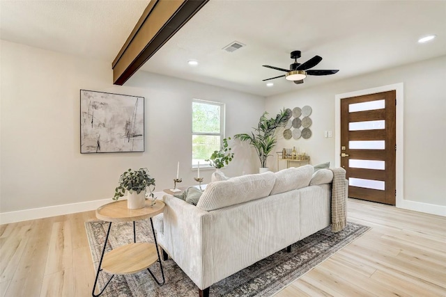 6007 Belfast Dr, Austin, TX 78723 - living area with light wood finished floors, a ceiling fan, recessed lighting, and beam ceiling