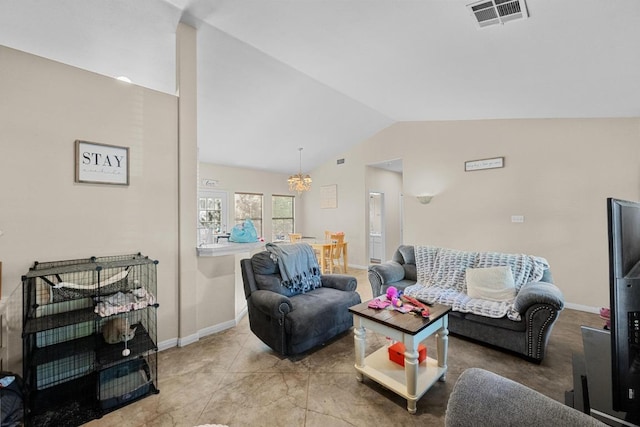 201 Loving Trl, Dripping Springs, TX 78620 - living room featuring a chandelier, vaulted ceiling, and baseboards