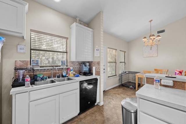 201 Loving Trl, Dripping Springs, TX 78620 - kitchen featuring black dishwasher, a sink, decorative backsplash, a chandelier, and white cabinetry