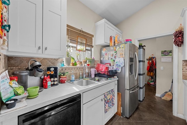 201 Loving Trl, Dripping Springs, TX 78620 - kitchen featuring stainless steel fridge with ice dispenser, a sink, white cabinetry, backsplash, and light countertops