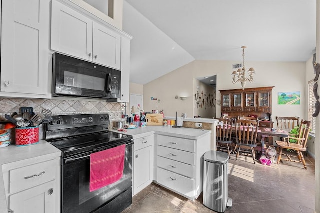 201 Loving Trl, Dripping Springs, TX 78620 - kitchen featuring black appliances, a peninsula, a chandelier, lofted ceiling, and light countertops