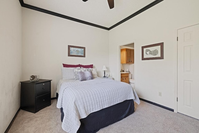 7303 Bluntleaf Cv, Austin, TX 78750 - bedroom featuring ornamental molding, light carpet, ensuite bath, and ceiling fan