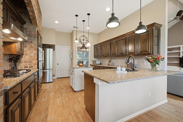 7303 Bluntleaf Cv, Austin, TX 78750 - kitchen featuring stainless steel appliances, a kitchen island, light wood finished floors, dark brown cabinetry, and a peninsula