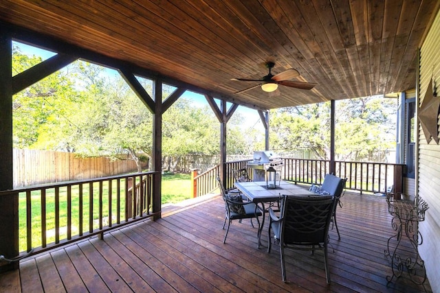 7303 Bluntleaf Cv, Austin, TX 78750 - wooden deck featuring a fenced backyard, a ceiling fan, outdoor dining space, and a grill