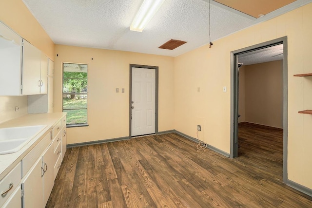 300 W Cleveland St, Elgin, TX 78621 - kitchen with white cabinets, a textured ceiling, light countertops, and dark wood-type flooring