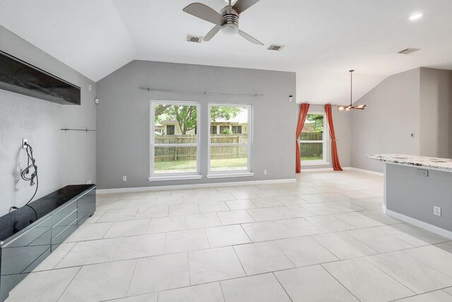2616 Glenwood Trl, Cedar Park, TX 78613 - unfurnished living room with lofted ceiling, a chandelier, a ceiling fan, and baseboards