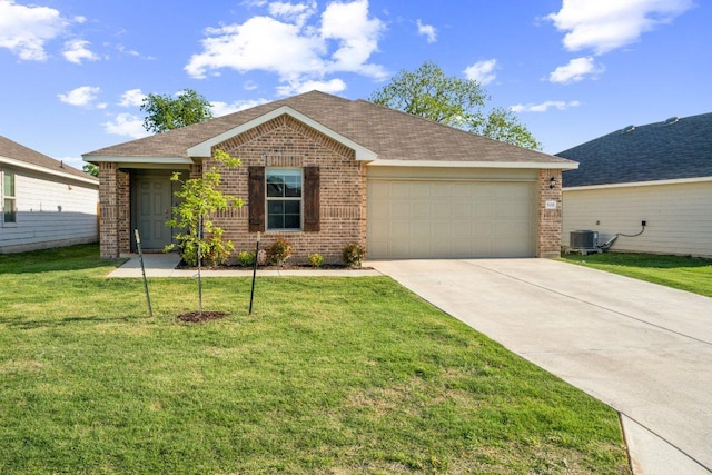 single story home featuring concrete driveway, brick siding, a front lawn, and an attached garage