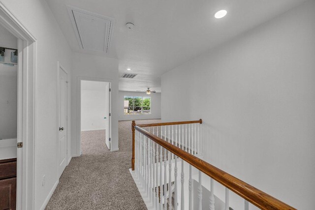 1107 Shiloh St, Cedar Park, TX 78613 - hall with attic access, carpet flooring, an upstairs landing, recessed lighting, and baseboards