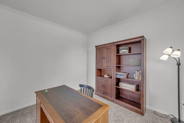 1107 Shiloh St, Cedar Park, TX 78613 - home office with light colored carpet, ornamental molding, and baseboards