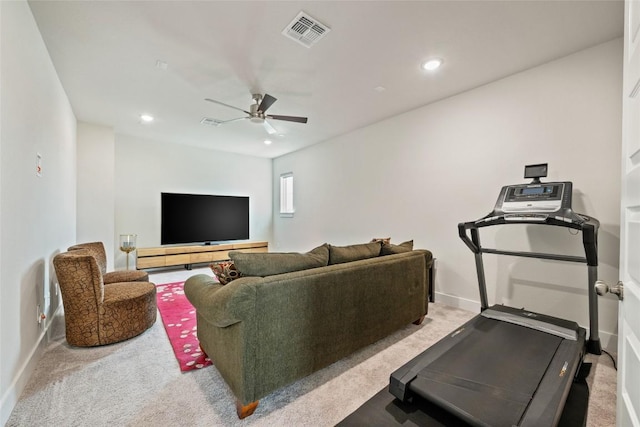 living area with carpet flooring, a ceiling fan, recessed lighting, and baseboards