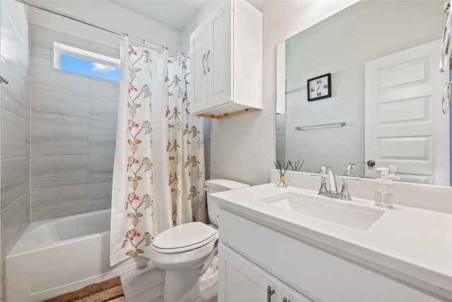 full bath with toilet, shower / bath combination with curtain, vanity, and wood finished floors
