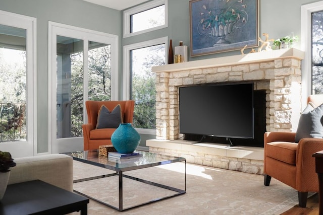 living area featuring a stone fireplace and wood finished floors