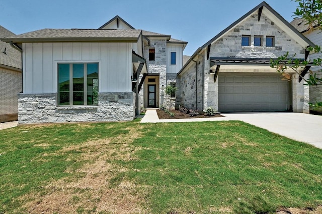 300 Echo Pass, Liberty Hill, TX 78642 - view of front of house featuring stone siding, board and batten siding, concrete driveway, a front yard, and an attached garage