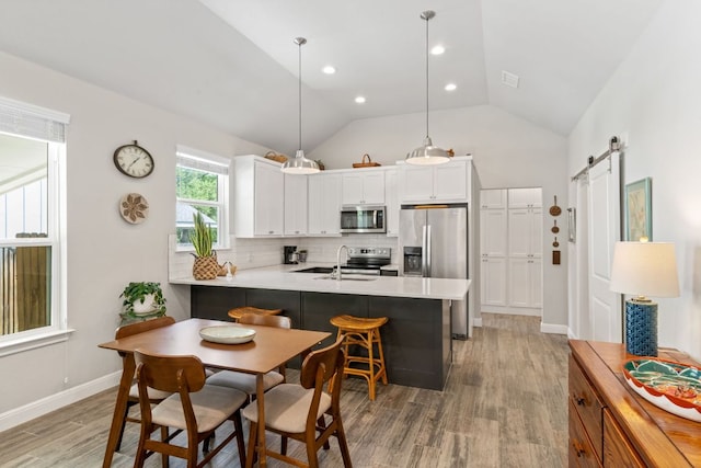 kitchen with light wood-type flooring, a peninsula, a barn door, appliances with stainless steel finishes, and a sink
