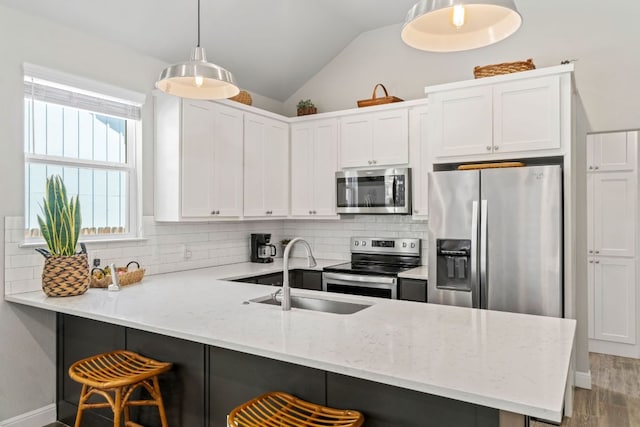 kitchen with a sink, tasteful backsplash, appliances with stainless steel finishes, and a peninsula