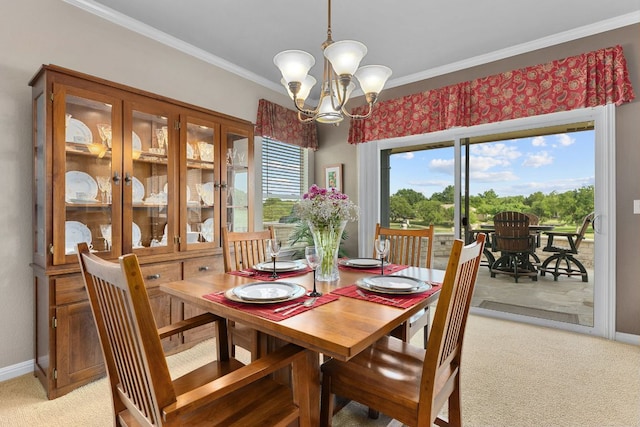 108 Chuckwagon Trl, Georgetown, TX 78633 - dining room featuring light colored carpet, crown molding, and a chandelier