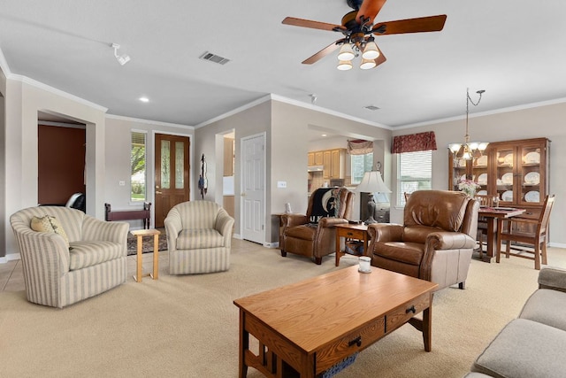 108 Chuckwagon Trl, Georgetown, TX 78633 - living room with light carpet, healthy amount of natural light, a ceiling fan, crown molding, and recessed lighting