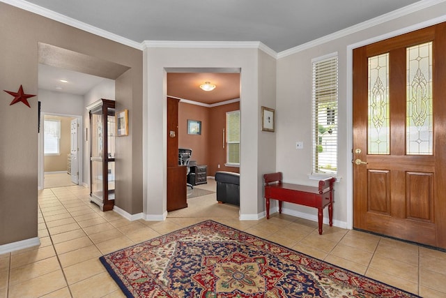 108 Chuckwagon Trl, Georgetown, TX 78633 - foyer entrance featuring light tile patterned floors and ornamental molding