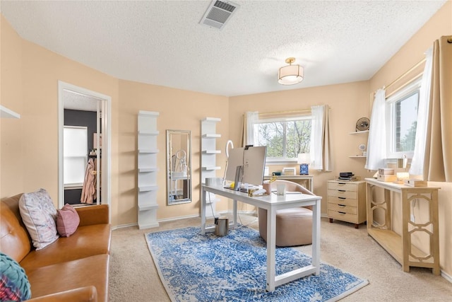 office area featuring light carpet, a textured ceiling, and baseboards