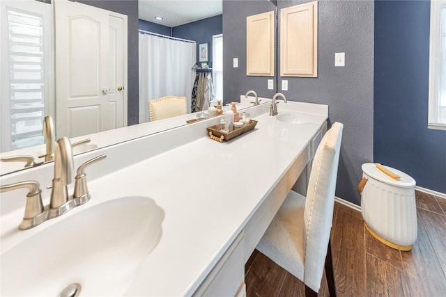 bathroom featuring wood finished floors, baseboards, double vanity, a textured wall, and a shower with curtain