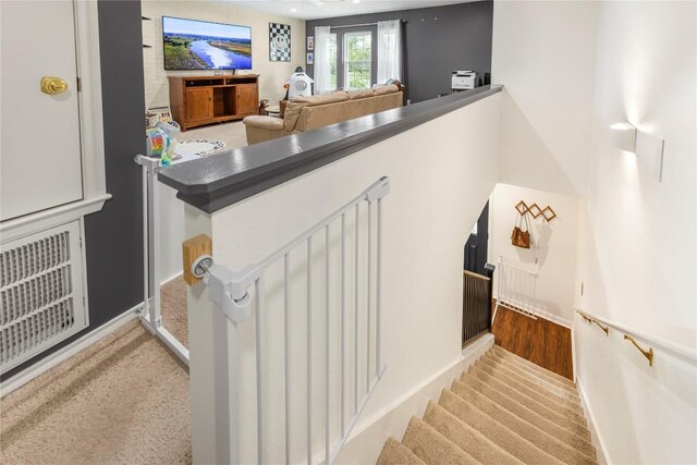 stairway featuring carpet