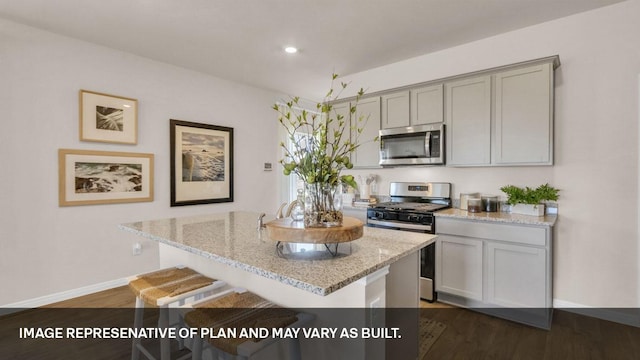 395 Morning Glory Loop, Kyle, TX 78640 - kitchen featuring appliances with stainless steel finishes, baseboards, gray cabinets, light stone countertops, and recessed lighting