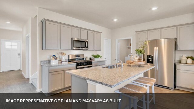 395 Morning Glory Loop, Kyle, TX 78640 - kitchen with appliances with stainless steel finishes, gray cabinetry, a sink, light wood-type flooring, and recessed lighting