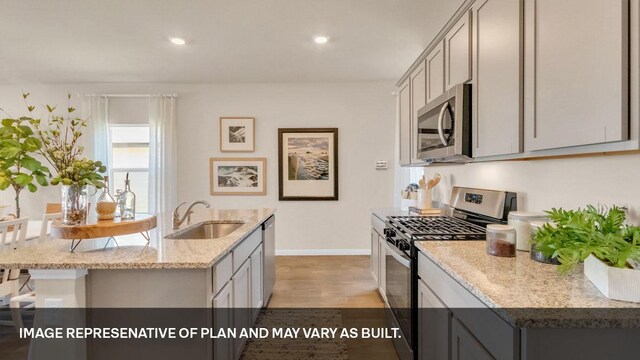 395 Morning Glory Loop, Kyle, TX 78640 - kitchen featuring appliances with stainless steel finishes, a sink, light wood-style flooring, gray cabinetry, and baseboards