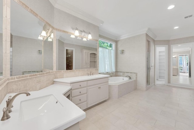 bathroom featuring a stall shower, tile patterned floors, crown molding, visible vents, and a garden tub