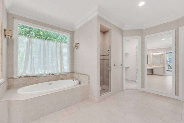 full bath featuring crown molding, a bath, a shower stall, and a healthy amount of sunlight