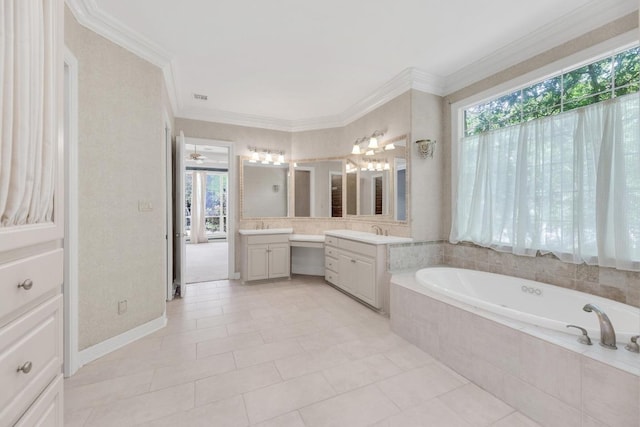 full bathroom featuring crown molding, a garden tub, vanity, and tile patterned floors