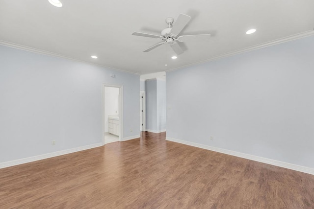 unfurnished room featuring ceiling fan, ornamental molding, recessed lighting, wood finished floors, and baseboards