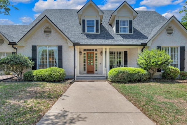 view of front of home featuring a porch, a shingled roof, stucco siding, and a front lawn