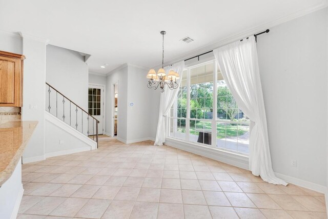 unfurnished dining area featuring visible vents, baseboards, ornamental molding, a chandelier, and stairs