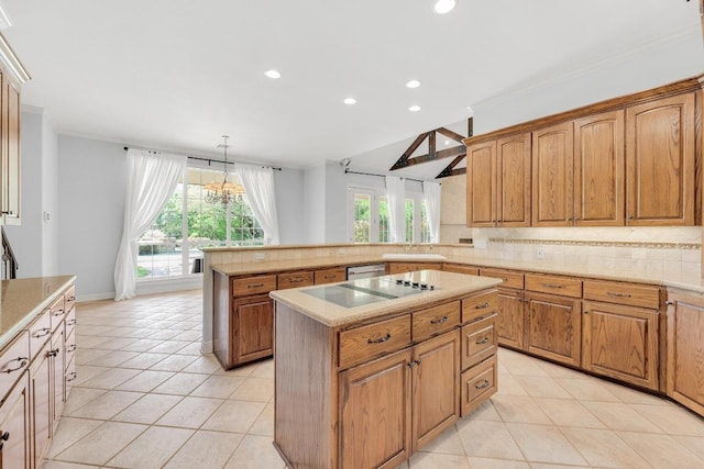 kitchen with light tile patterned floors, plenty of natural light, and recessed lighting