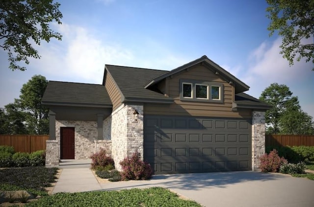 view of front facade featuring fence, stone siding, and concrete driveway