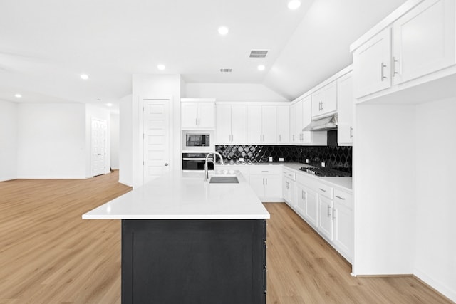 220 Washington Dr, Kyle, TX 78640 - kitchen with built in microwave, stainless steel oven, a sink, under cabinet range hood, and decorative backsplash